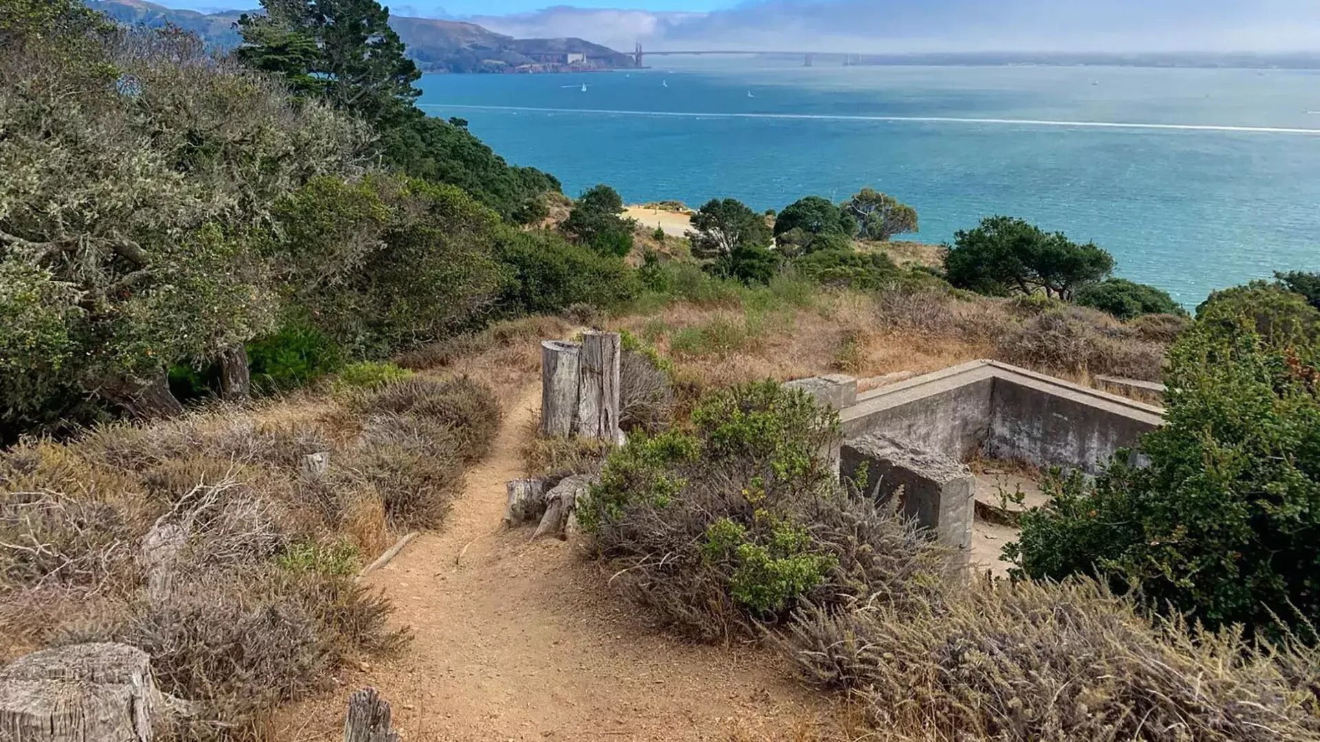 サンフランシスコ湾とGolden Gate Bridge見渡すエンジェルアイランド州立公園のキャンプ場